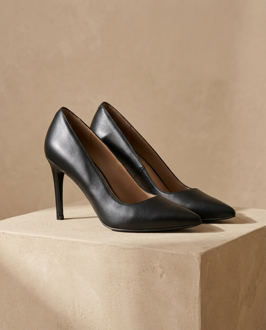 Par de zapatos de salón negros de punta fina y tacón de aguja sobre un pedestal beige