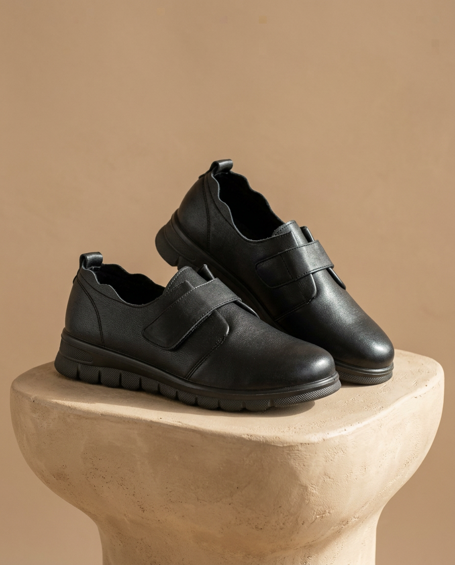 Par de zapatos negros planos con cierre de velcro sobre un pedestal beige